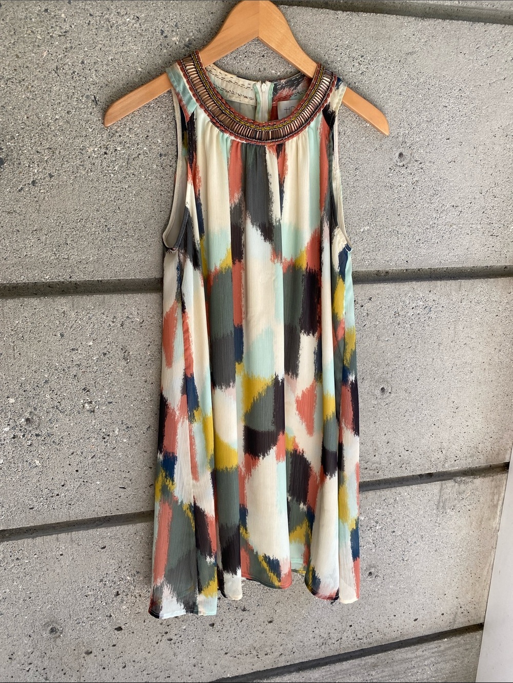 Anthropologie HD in Paris Brushstrokes Jewelled Neck Mini Dress